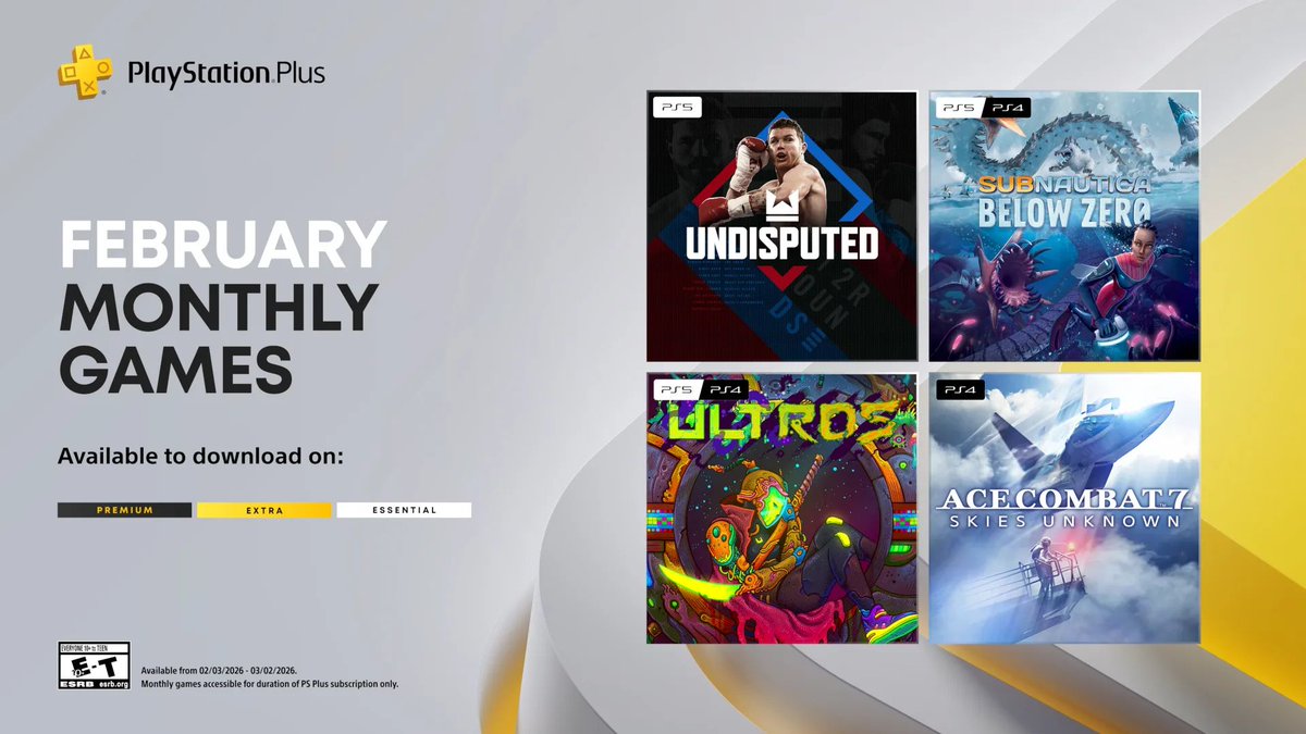 Wario64's tweet photo. US PS+ Essential February titles are up:

-Undisputed https://t.co/Qo6JxPDc9H 
-Ace Combat 7: Skies Unknown https://t.co/sLxXLYv7aV 
-Ultros https://t.co/kObaaMKzZ1 
-Subnautica: Below Zero https://t.co/4DHb8IE3Qk https://t.co/Z4kTPRCTbq