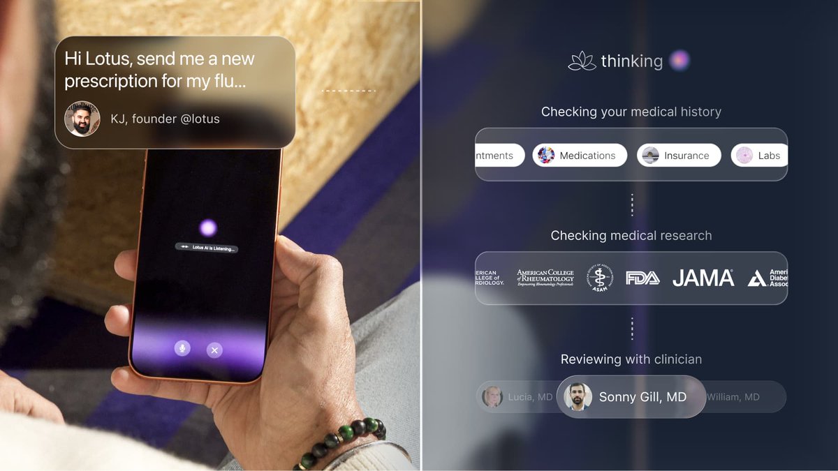 kjdhaliwal's tweet photo. how @lotus works:

ask anything, anytime

-  Lotus checks your unified medical records + wearables + insurance (HIPAA aligned, encrypted, never shared)
-  the latest medical evidence + clinical guidelines
-  real doctors review and oversee care https://t.co/ZXPLkqQWwE