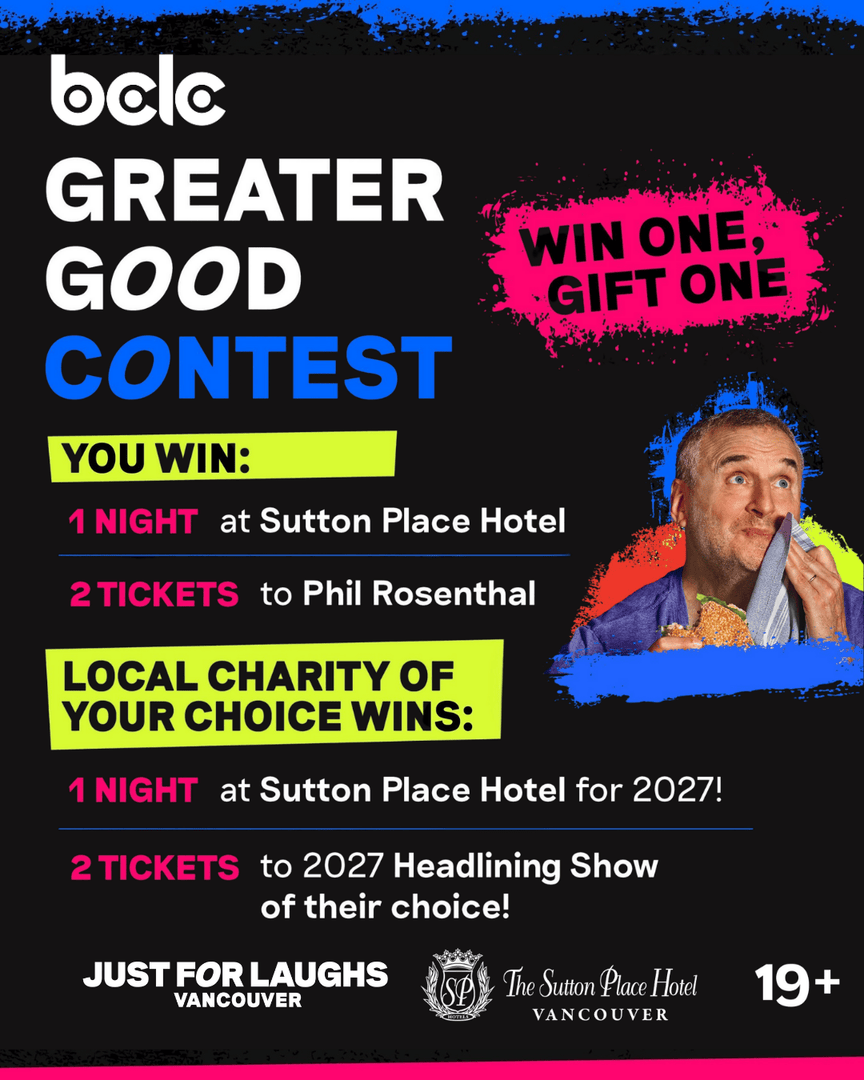 JFLVancouver's tweet image. 🎉 The Greater Good Contest is here!

Just For Laughs VANCOUVER and BCLC are giving you the chance to win a prize pack for yourself and a local charity of your choice. 💛

Enter to win on Instagram!

Must be 19+ to enter.

#JFLVAN #JustForLaughs
