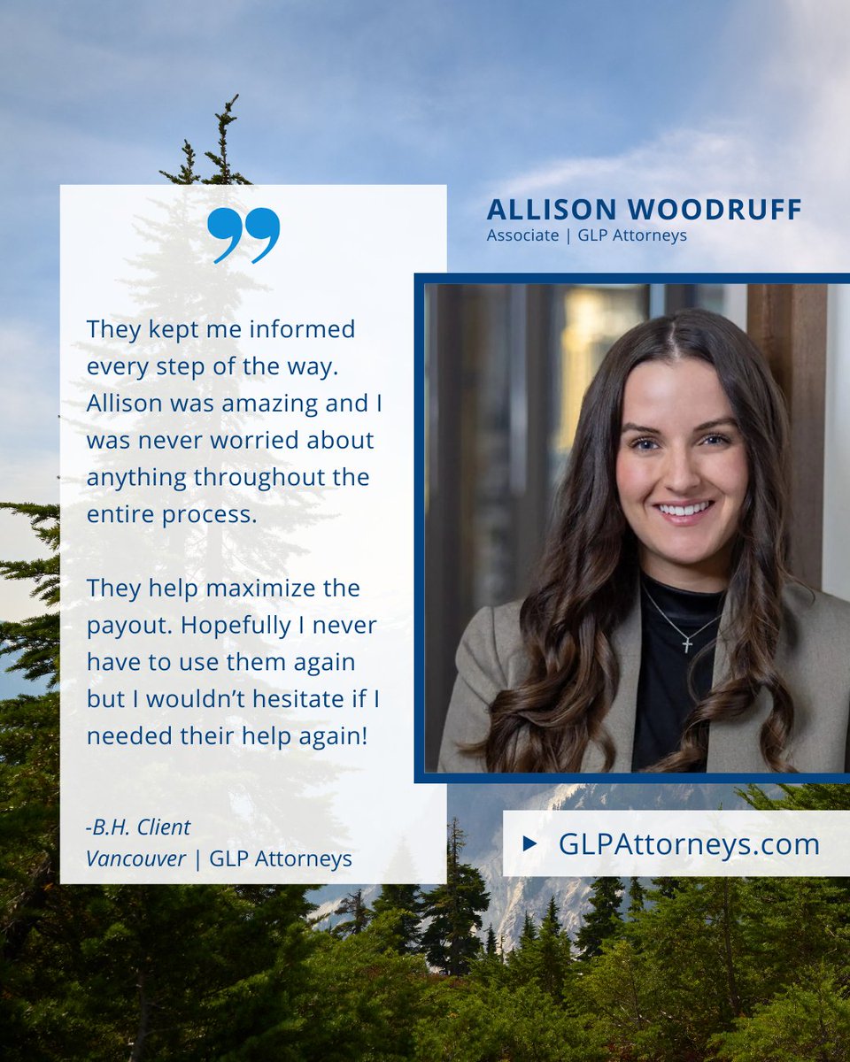 Take a look at this fantastic testimonial for Allison Woodruff, an Associate Attorney at our Vancouver office. Congratulations, Allison!

Learn more about Allison here: glpattorneys.com/attorney/allis… 

#testimonial #clientservice #personalinjurylaw #washingtonpersonalinjuryattorney