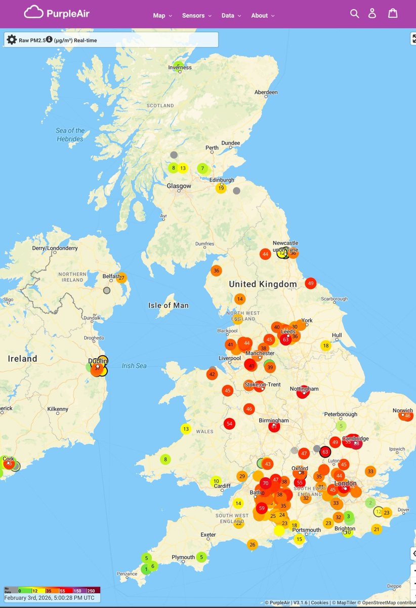 PM2.5 pollution, Tuesday 3 Feb 5pm 

For the third day PM2.5 #AirPollution  has been high, where are the warnings to protect public health? 
<a href="/DefraGovUK/">Defra UK</a> <a href="/wesstreeting/">Wes Streeting</a>
<a href="/BBCNews/">BBC News (UK)</a> <a href="/itvnews/">ITV News</a> <a href="/metoffice/">Met Office</a>

#AirPollution #Health