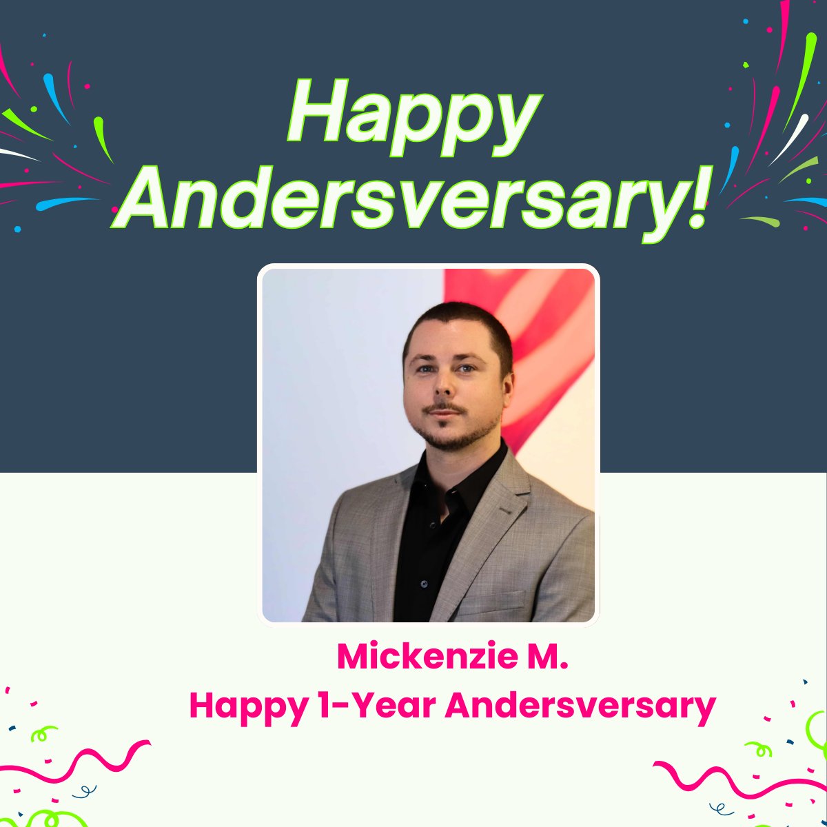 AndersGroupLLC's tweet image. 🎉 Happy 1-Year Andersversary, Mickenzie M.! 🎉

It’s been an amazing year having you as part of the Anders Group family. Here’s to celebrating this milestone and many more to come! 🥳👏

#AndersGroup #TeamCelebration #WorkAnniversary