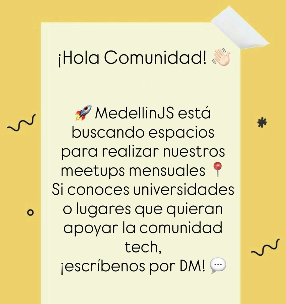 📣 ¿Tienes un espacio para eventos tech en Medellín?  
En MedellinJS estamos buscando aliados para realizar nuestros meetups mensuales 💻🚀  

📩 Contáctanos: contacto@medellinjs.org