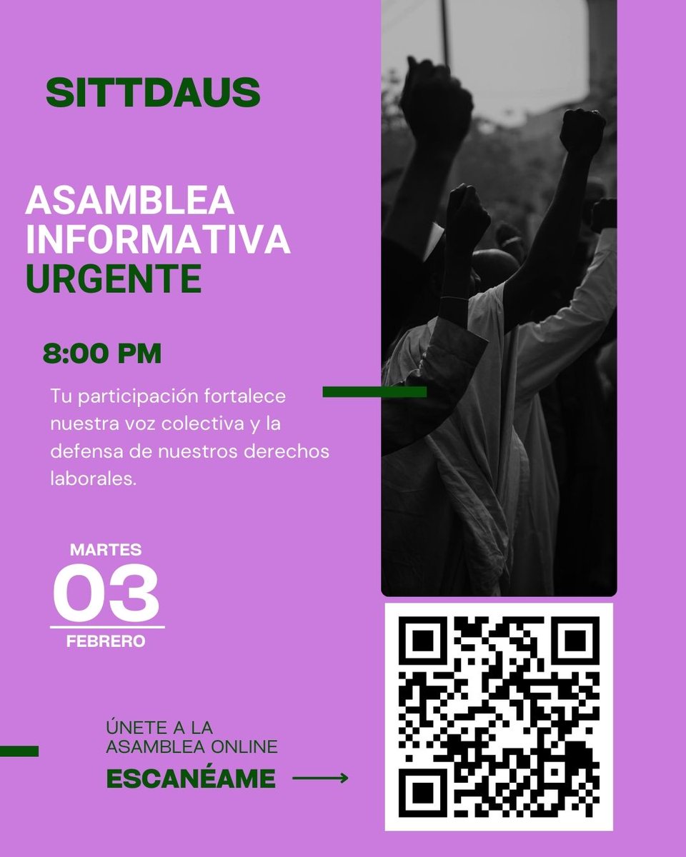 sittdaus's tweet photo. Se convoca a una asamblea informativa el día de hoy Martes 03 de febrero, a las 8:00pm.
Su participación es importante, esperamos su presencia. https://t.co/0Pbe8igsMx