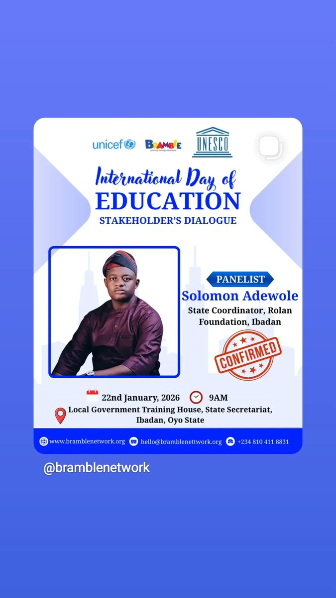 solomonadewole_'s tweet photo. On #InternationalDayofEducation, I joined a Bramble Network panel to discuss moving youth engagement from symbolism to real power-sharing. I spoke on youth-led policy design in schools, frontline campaigns against bullying, and how digital technologies shape the postmodern child, https://t.co/DXvLfMgn38