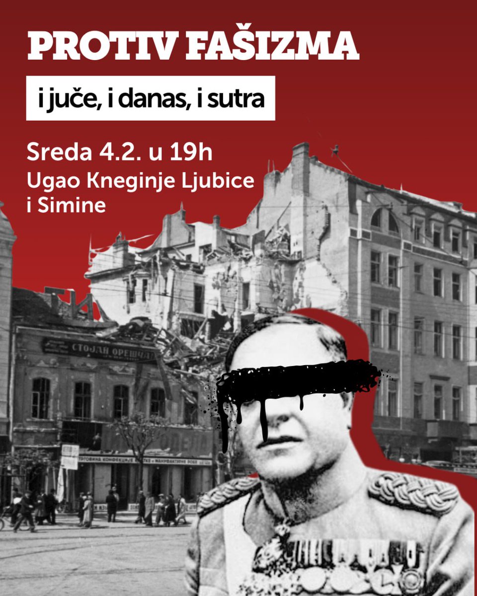 nedavimobgd's tweet photo. Pozivamo vas na skup protiv slavljenja zločinca Milana Nedića i obeležavanja godišnjice njegove smrti!

U Srbiji nema mesta rehabilitaciji fašizma, kvislinga i ratnih zločinaca! Zato i ove godine ustajemo protiv namere fašističkih organizacija da slave zločince, ustajemo protiv normalizacije fašističkih simbola i zloupotrebe javnog prostora za relativizaciju istorijskih činjenica. 

I juče i danas i sutra ćemo se boriti za Srbiju u kojoj nema mesta za fašizam. 

Vidimo se sutra, u sredu, 4. februara u 19 časova, na uglu Kneginje Ljubice i Simine.
SMRT FAŠIZMU – SLOBODA NARODU! ✊