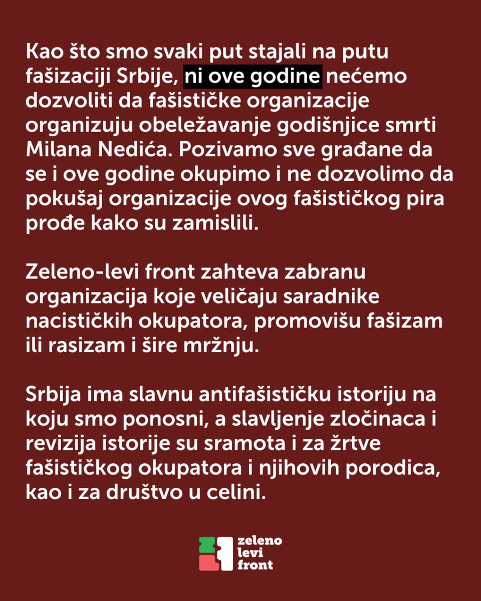 nedavimobgd's tweet photo. Pozivamo vas na skup protiv slavljenja zločinca Milana Nedića i obeležavanja godišnjice njegove smrti!

U Srbiji nema mesta rehabilitaciji fašizma, kvislinga i ratnih zločinaca! Zato i ove godine ustajemo protiv namere fašističkih organizacija da slave zločince, ustajemo protiv normalizacije fašističkih simbola i zloupotrebe javnog prostora za relativizaciju istorijskih činjenica. 

I juče i danas i sutra ćemo se boriti za Srbiju u kojoj nema mesta za fašizam. 

Vidimo se sutra, u sredu, 4. februara u 19 časova, na uglu Kneginje Ljubice i Simine.
SMRT FAŠIZMU – SLOBODA NARODU! ✊