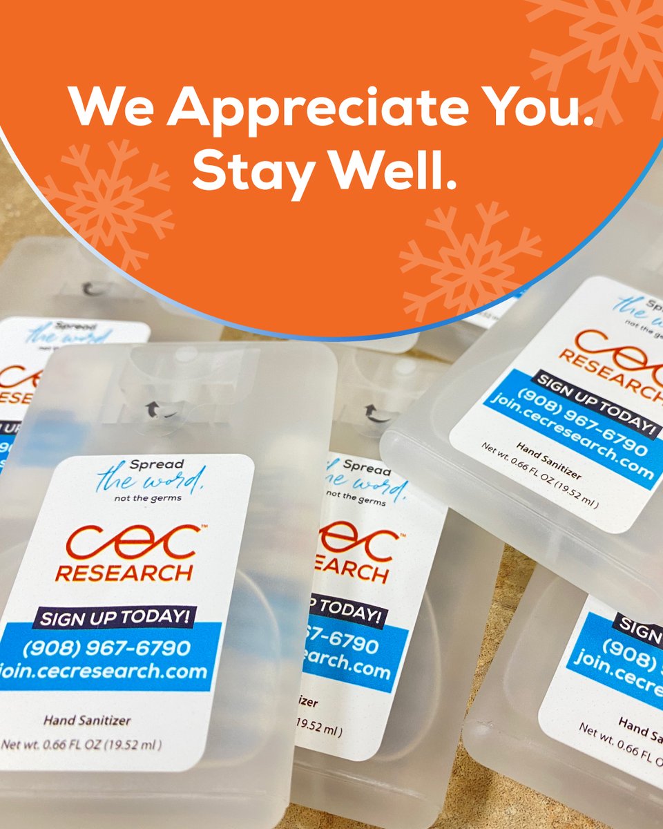 CECResearchNJ's tweet photo. Spread the word, not the germs this winter season. Stop by and grab your complimentary CEC hand sanitizer after you complete your next panel at our facility.

Not signed up yet as a CEC panelist?  Visit https://t.co/CMWXt5OuZp to join today! https://t.co/1dNHL9CQeD