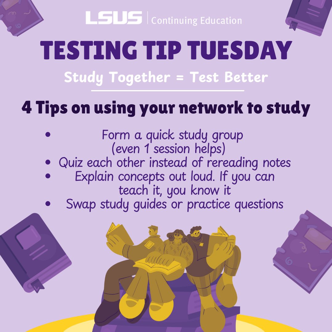 It’s International #NetworkingWeek—use your network to #study smarter.

Study groups, group chats, classmates = built-in test prep. Quiz each other, explain concepts, share notes. 🤝

You don’t have to study alone.

#lsusce #TestingTipTuesday #StudyTips #CollegeTips #TestPrep