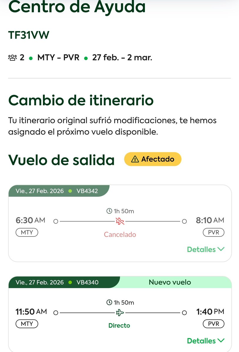 ttgorett's tweet photo. @VivaTeEscucha @VivaAerobus como me cambias mi vuelo sin consultarme? Tengo reservaciones en Vallarta en la mañana, y no tengo devolución de dinero por partr del tour @Profeco https://t.co/gVBPutNdV9