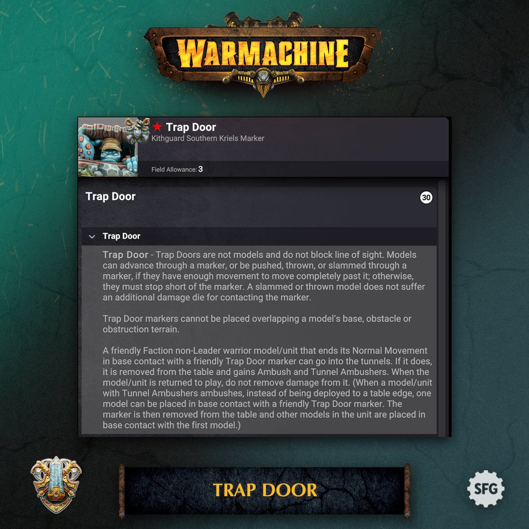 SFGWarmachine's tweet photo. Watch the ground, the Kithguard are coming up from below.

Trap doors, earthworks, and ambushes, oh my! Get to know the Kithguard’s guerrilla tactics that turn every advance into a life-or-death decision.

Read the rules preview here: https://t.co/WFnGZE7kID https://t.co/IvysTDKrgP