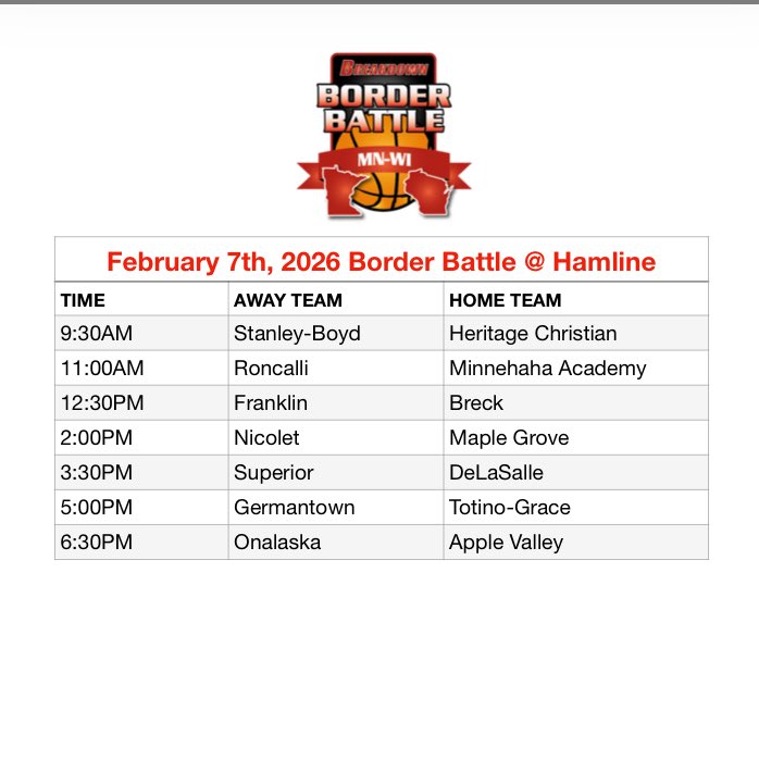 BreakdownUSA's tweet photo. This weekend it’s the annual boys 🏀 Minnesota vs Wisconsin Border Battle!

7 games at @HUPipers in the amazing and historical Hutton Arena

The schedule of Saturday’s games is below!👇🏼 https://t.co/NocOoVMMWN