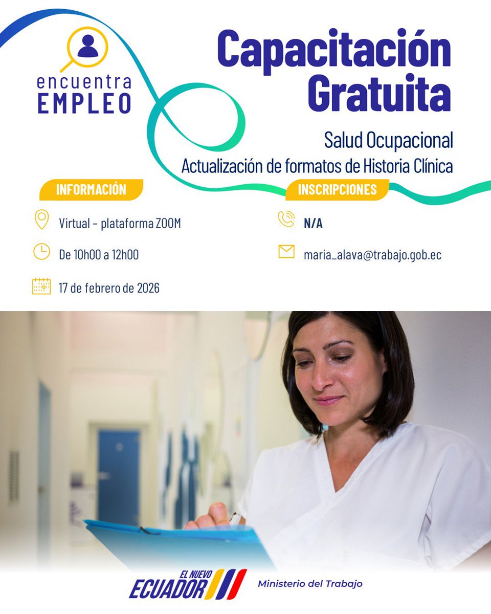 Capacitación en Salud ocupacional.
Te invitamos a nuestra capacitación sobre la Actualización de formatos de historia clínica, conforme a la normativa vigente.

#Capacitación #Formatos #HistoriaClinica #Esmeraldas.