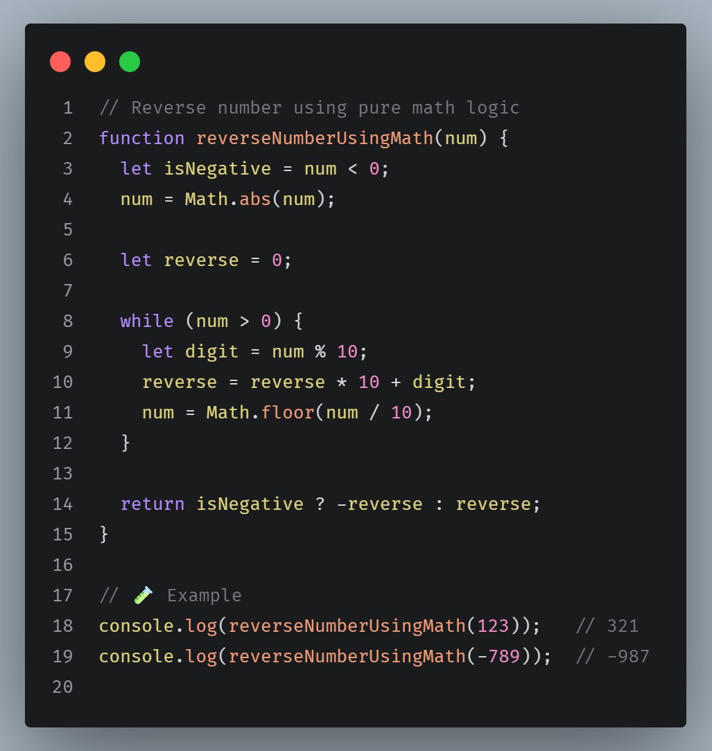 iamvishalbrow's tweet photo. JavaScript Daily Challenge – Day 11 🚀

- Reverse a number using pure math logic.
- Works for both positive and negative numbers.
Example: -789 → -987

#JavaScript #CodeDaily #JSInterview #Day11 #LearnJS https://t.co/DxBwGnj1mU