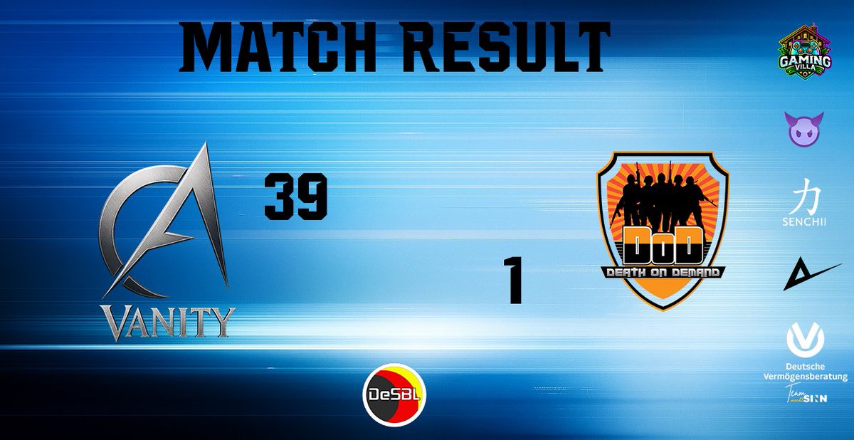 Guten Abend Community! 💪

Was für ein Statement von Team Vanity in der DeSBL! 🔥

Gegen Death on Demand ließ das Team absolut nichts anbrennen und holte sich einen überragenden 39:1 Sieg. Dominanz von der ersten bis zur letzten Runde! 💯

Starke Leistung – weiter so, Vanity! 🚀