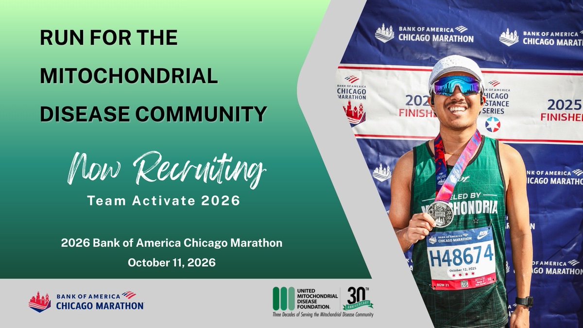UMDF's tweet photo. When you join runners like Diego Santos and UMDF’s Team Activate in this year’s 2026 Bank of America Chicago Marathon on 10/11, you help raise awareness and funding for #mitochondrialdisease and the #mitocommunity. Complete the pre-registration today! https://t.co/NJh9WzkuFW https://t.co/TWFmGKdegB
