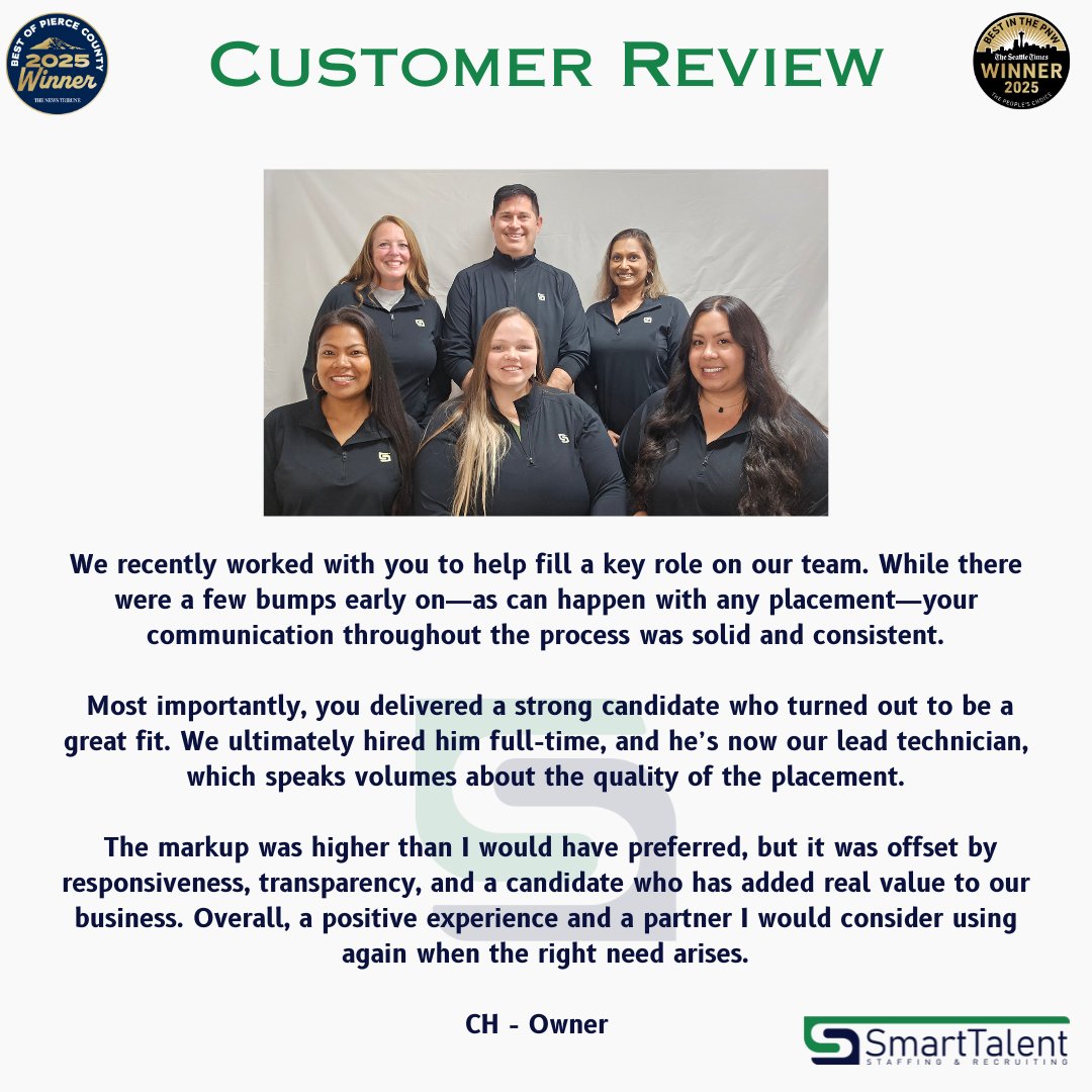 SmartTalent's tweet photo. Thank you for the kind words! If you’re looking for staffing solutions and expert support to build a strong, reliable team, SmartTalent has you covered.

📷 Get started today: 1-866-SMARTWORK
📷 https://t.co/tXuJJxUuaJ https://t.co/03WotlzhWV