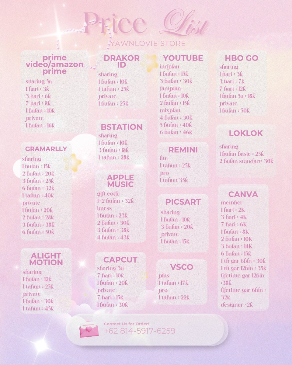 hi all👋🏻, yawnlovie store update pricelist nih, yuk yg lagi cari apk premium super murah buruan di order!💖
buat apk yg gaada di pricelist bisa ditanyakan yau 🎀
order : wa.me/+6281459176259
payment : qris
 #ZonaBA #zonajajan
#zonauang