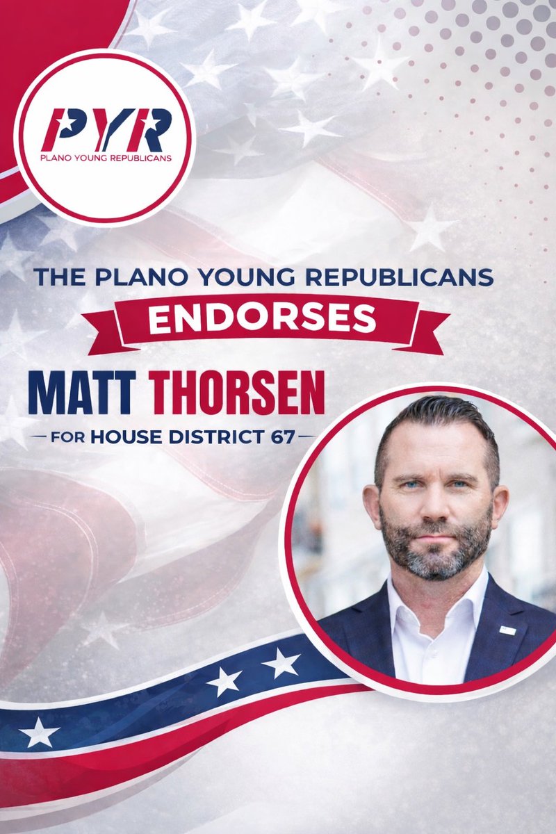 We are proud to endorse <a href="/MattThorsenHD67/">🇺🇸Matt Thorsen for HD67 🇺🇸</a> ! 

Matt understands what time it is and how to best fight for young republicans and all of HD 67! As early voting approaches make sure to get out and vote for this patriot! <a href="/YRsOfTexas/">Young Republicans of Texas</a> <a href="/CollinGOP/">Collin County GOP</a> <a href="/TexasGOP/">Texas GOP</a>