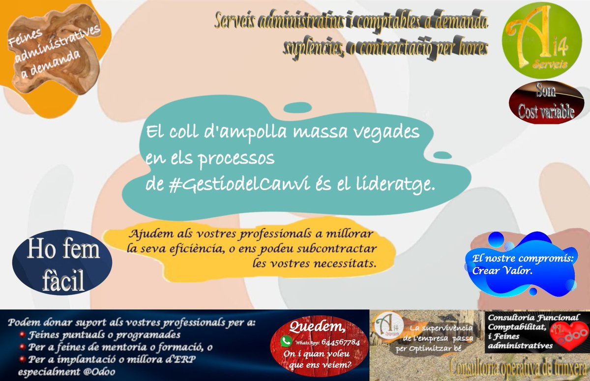 Ai4Serveis's tweet photo. El coll d'ampolla massa vegades en els processos de #GestiodelCanvi és el lideratge.
La #Implicacio és el desllorigador necessari.
#SolucionsAi4 https://t.co/EYEfVwzRS0