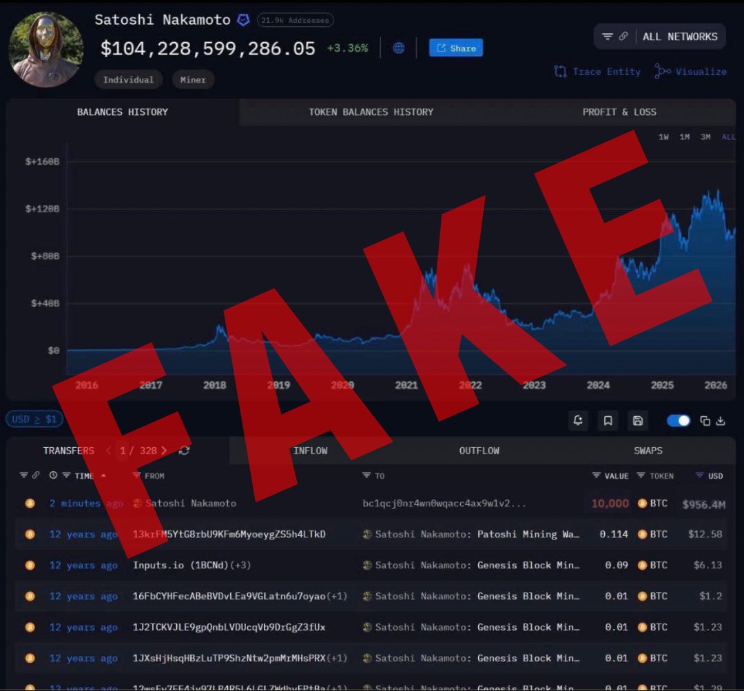 On Saturday, a doctored image of the Arkham Intel platform was shared on X and showed one of Satoshi’s wallets moving 10,000 BTC.

This information was FAKE. When markets crash, engagement farmers will share FUD to bait you into replying. People lie, but the blockchain never