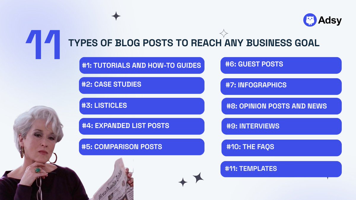 helenaadsy's tweet image. 🙋🏻‍♀️It’s funny how many companies blog “just because.” 

But blogs really work when you know the 11 post types &amp;amp; their purpose. 

Check out this visual guide and see which format could level up your content strategy! 🤩 

#ContentMarketing #BloggingTips #ContentCreation #adsy_com