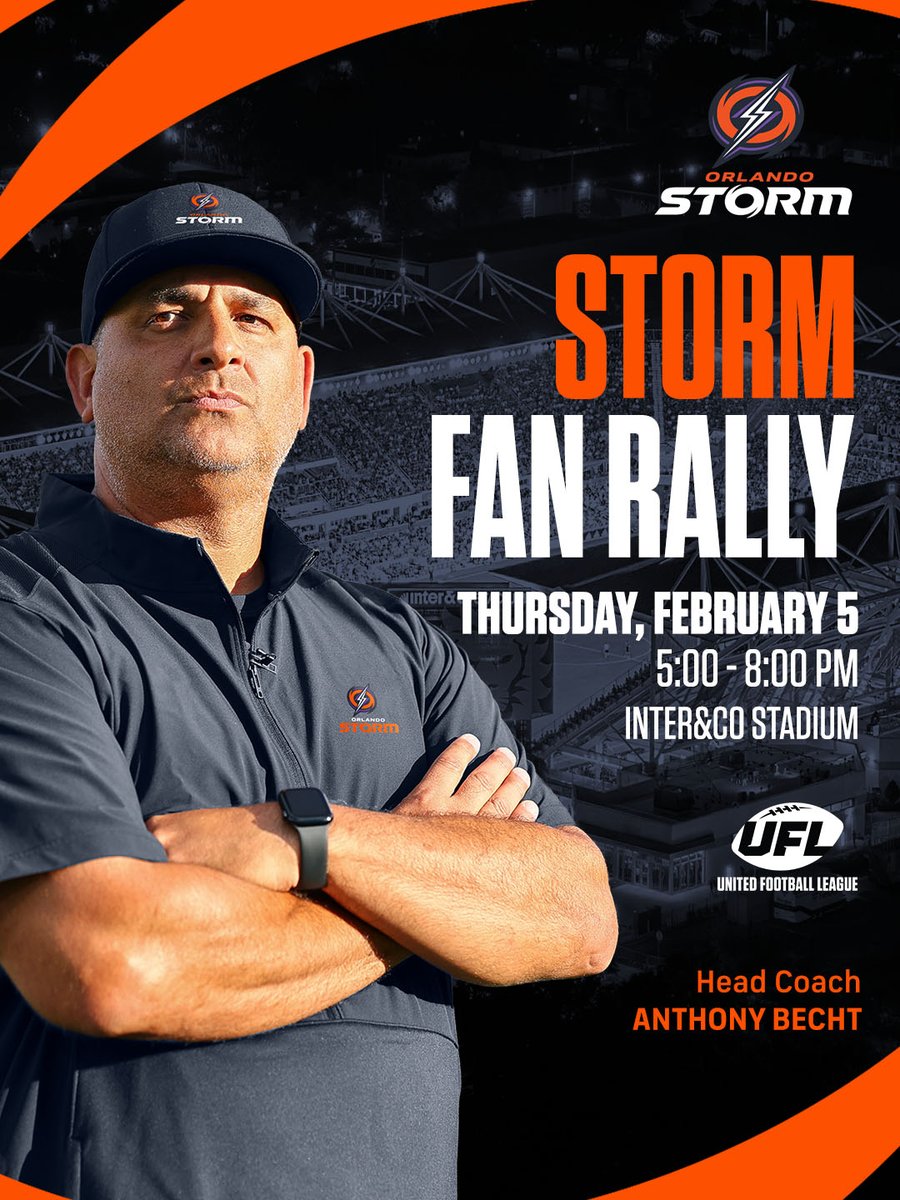 InterCo_Stadium's tweet photo. The Storm is approaching 🌩️

Get your first taste of fun, fury, and football at Orlando Storm's all-access fan rally.

Meet the team &amp; @Anthony_Becht, enjoy a live DJ, free swag, complimentary food &amp; beverage, and tour premium gameday areas.

 🏈 RSVP: https://t.co/mWlCJKjUw9 https://t.co/3Chi2cuBKM