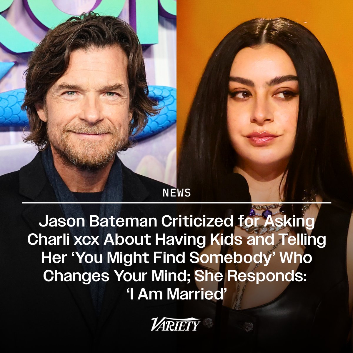 Jason Bateman is being criticized for asking Charli xcx about having children. The pop star said “I actually don’t really want to have kids,” which prompted Bateman to tell her she might change her mind.

"I guess I’m backing into giving myself a half-assed compliment here, but