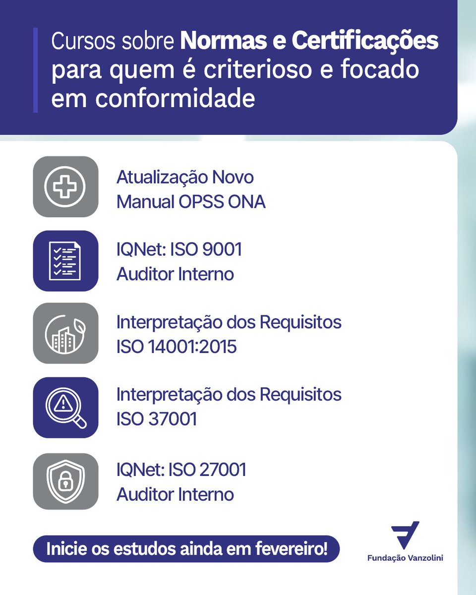 Os cursos de Normas e Certificações são excelentes escolhas para um entendimento completo dos requisitos e aplicações de cada padrão normativo. 📚

➡️ Tem interesse em se desenvolver neste tema? Garanta já a sua vaga.
🔗vanzolini.org.br/cursos/tema/no…