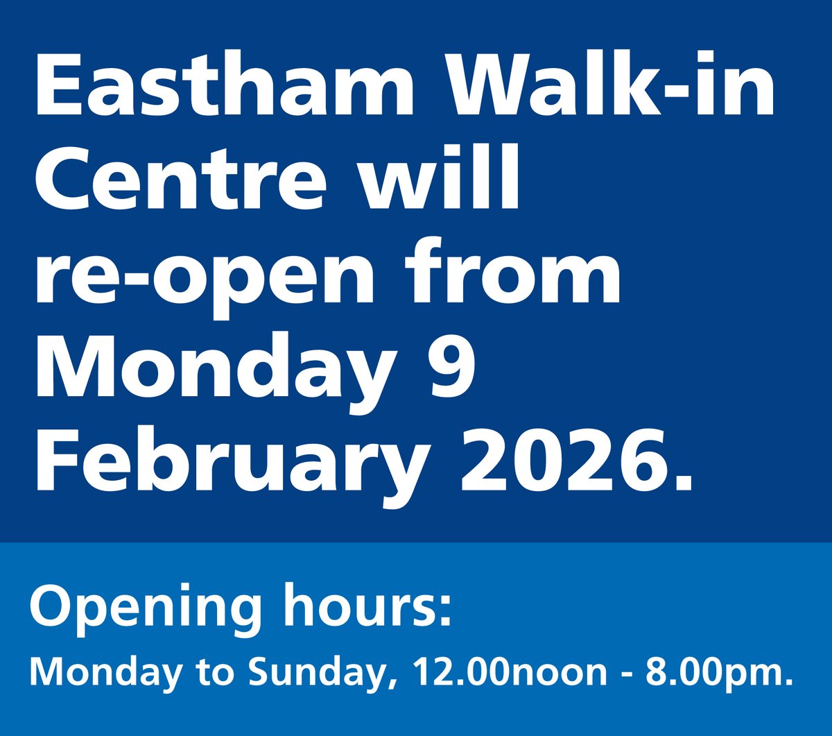 wchc_nhs's tweet photo. Eastham Walk-in Centre will re-open from Monday 9 February 2026. 

Until then, patients can access alternative walk-in services: 

* Arrowe Park Urgent Treatment Centre

* Victoria Central Walk-in Centre and Minor Injuries

* Minor Injury &amp; Illness Service, Miriam Medical Centre https://t.co/bXtFlgpZ4G