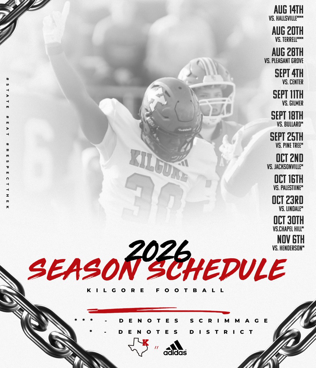 kilgore_fb's tweet photo. New Year, New Schedule! Home and away to follow soon! #STATE #EAT #RespectTheK https://t.co/MYHdX6rCO9