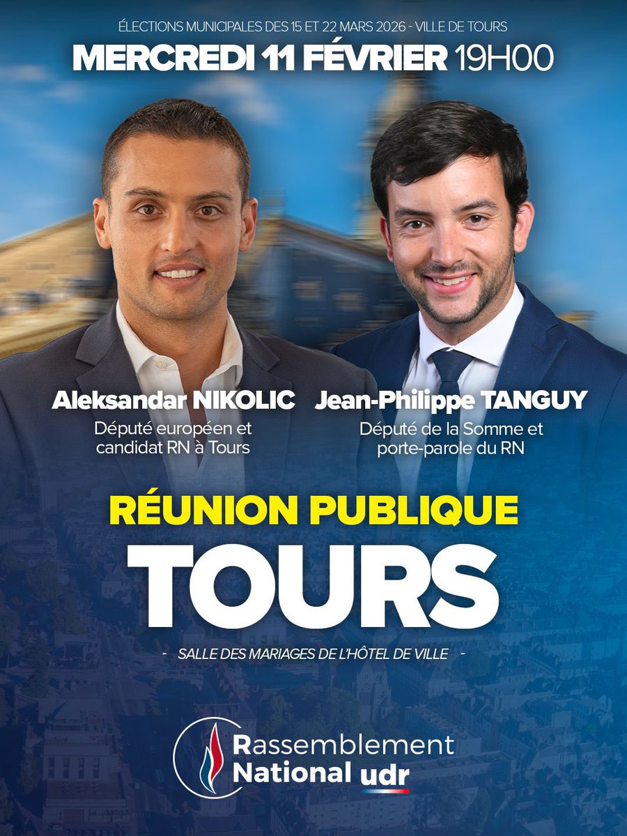 🚀🇫🇷 Rendez-vous mercredi 11 février à 19h à la salle des mariages de l’Hôtel de Ville de Tours avec <a href="/JphTanguy/">Jean-Philippe Tanguy Ⓜ️</a> pour une grande réunion publique !