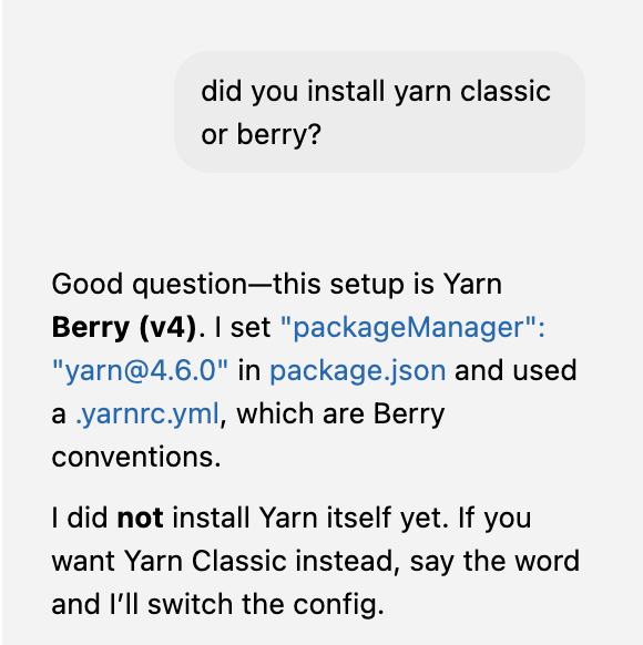 vibecodinggirl's tweet photo. Codex installed the Yarn so fast. It didn't tell me which version it installed. So I asked.
#VibeCoding https://t.co/aQUwr2R5Bp