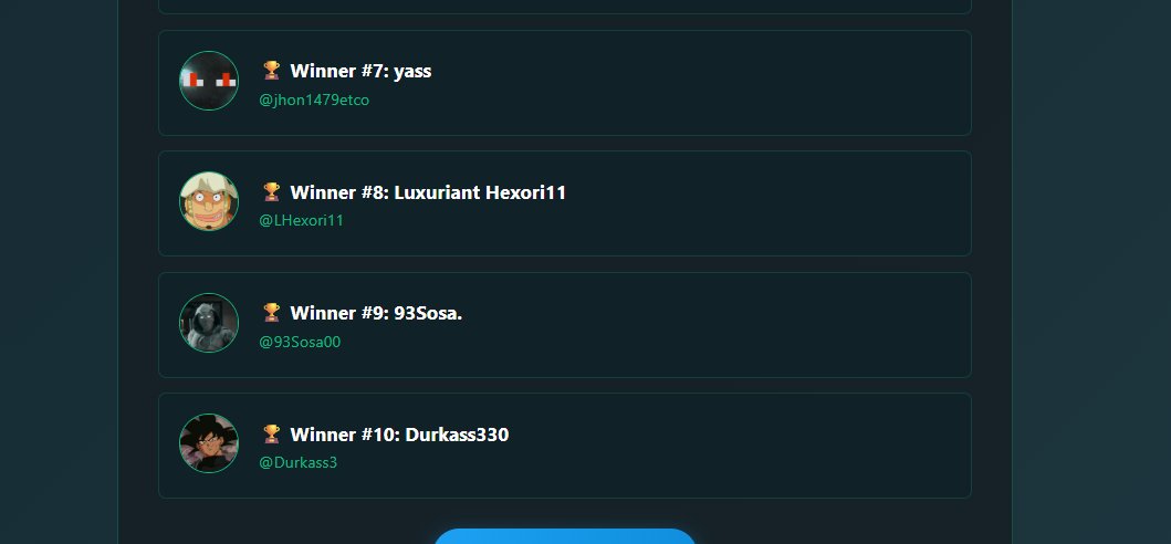 Salut les rois du monde ! 

Les gagnants sont : 

- <a href="/NEST____/">NEST</a>
- <a href="/DoxytG33158/">R.slowy</a> 
-<a href="/MaoYoung15365/">Young Mao</a> 
-<a href="/Mekki84_/">Mekki</a> 
-<a href="/Incognit0010_/">frelon🐝</a> 
-<a href="/boro_nlg/">Boro Le Maudit</a>
-<a href="/jhon1479etco/">yass</a> 
-<a href="/LHexori11/">Luxuriant Hexori11</a> 
-<a href="/93Sosa00/">93Sosa.</a>
-<a href="/Durkass3/">Durkass330</a> 

Je vous invite a ouvrir un ticket sur le discord ticket et me ping dedans !