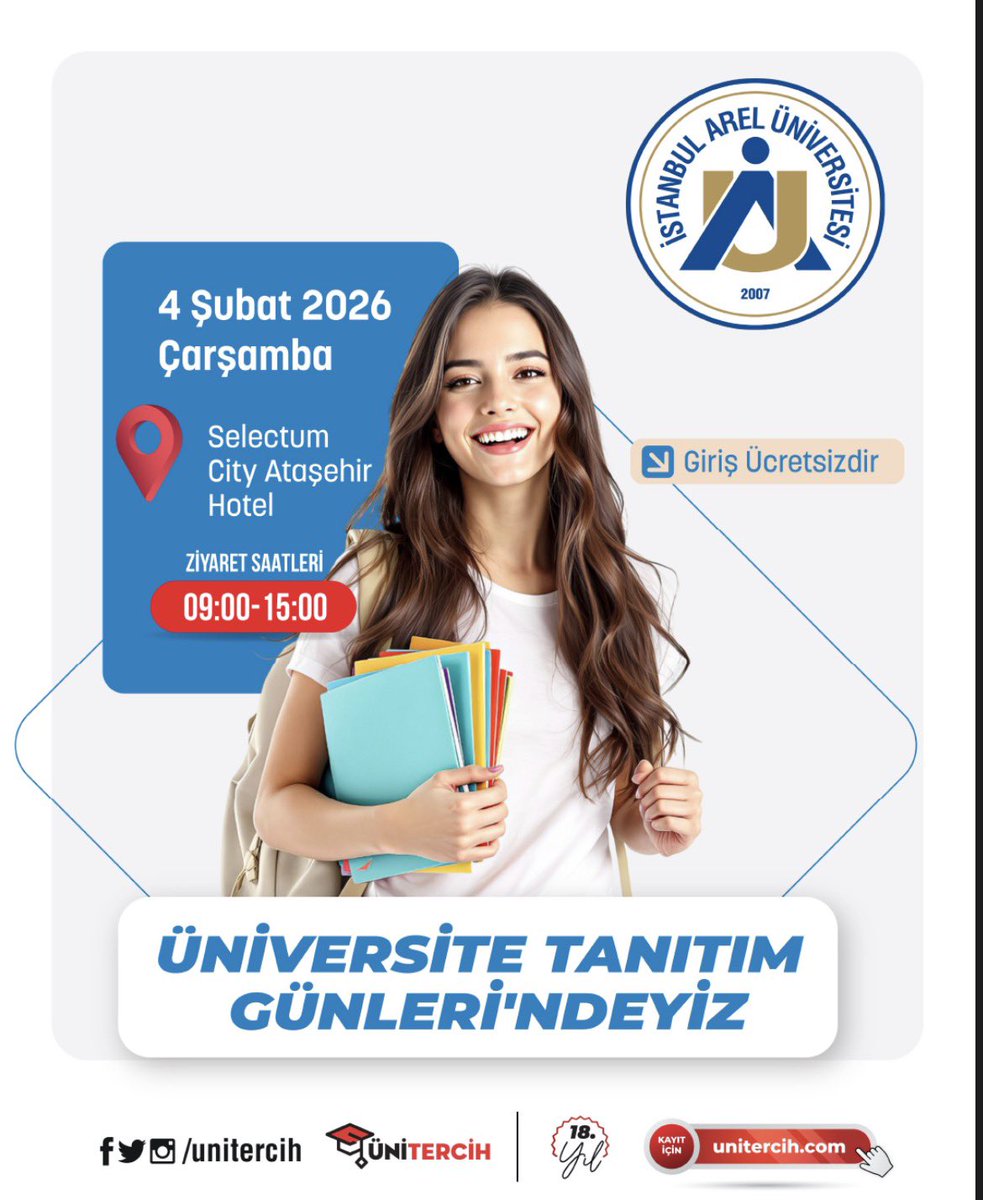 arel_aday's tweet photo. 🎓 Geleceğin için doğru üniversiteyi keşfet!

İstanbul Anadolu Yakası, Üniversite Tanıtım Günleri’nde aday öğrencilerimizle buluşuyoruz.

Bölümler, burs olanakları ve kampüs hayatı hakkında merak ettilerin için seni de standımıza bekliyoruz ✨

#tercihinseningeleceğin https://t.co/FAapB3H9YA