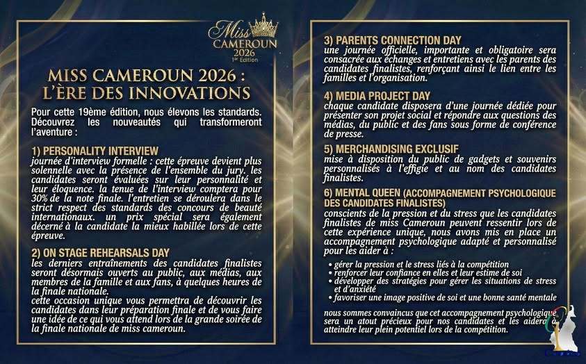 MissCamerounOff's tweet photo. MISS CAMEROUN 2026 : L'ÈRE DES INNOVATIONS
Pour cette 19ème édition, nous élevons les standards. Découvrez les nouveautés qui transformeront l'aventure. https://t.co/6VT5CcouYq