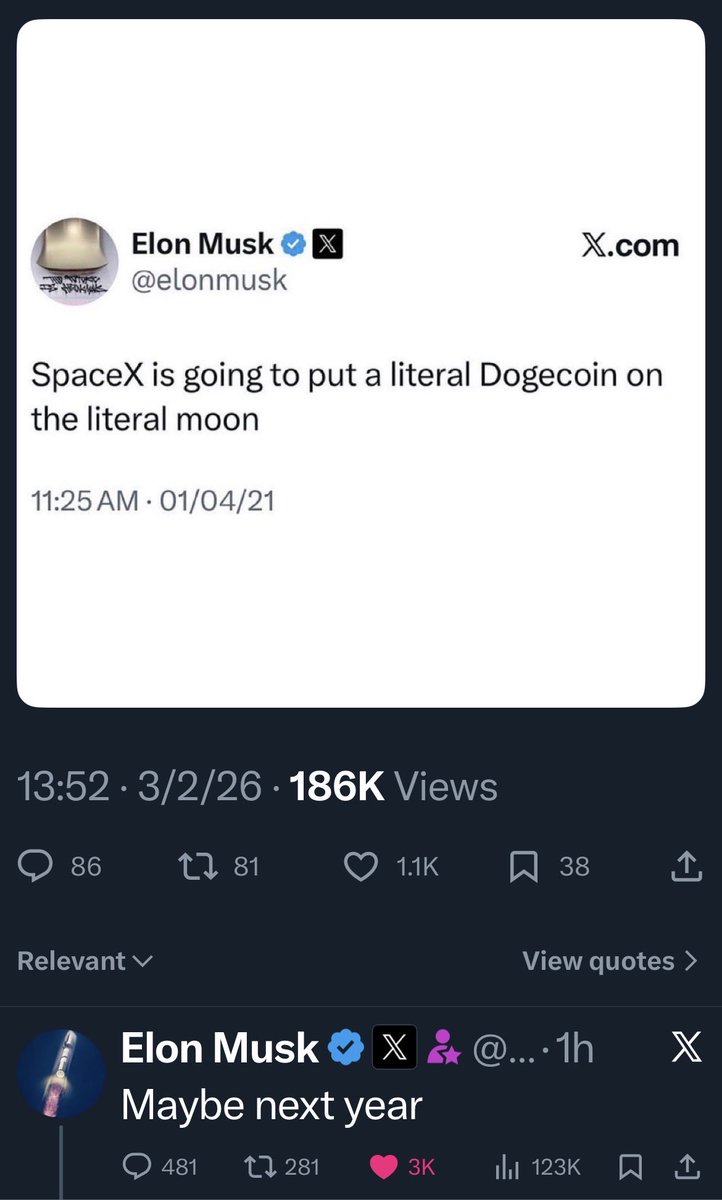 _dogegod_'s tweet image. Elon Musk just said SpaceX is going to put a literal Dogecoin on the literal moon next year.

We are back.