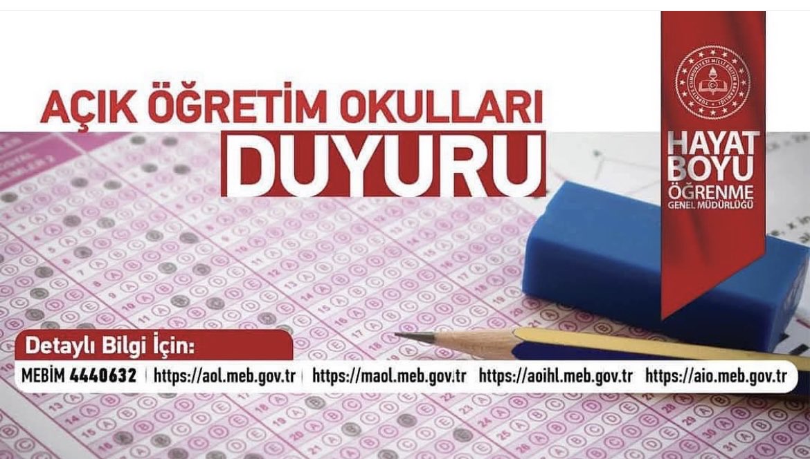 2025-2026 Eğitim Öğretim Yılı Açık Öğretim Okulları 2. Dönem Yeni Kayıt ve Kayıt Yenileme İşlemleri 5 Şubat 2026 Tarihinde Sona Erecek. 

✓ Açık Öğretim Ortaokulunun yeni kayıt işlemleri,
✓ Açık öğretim liselerine Bakanlığımızın elektronik ortamlarında bilgileri olan öğrenciler