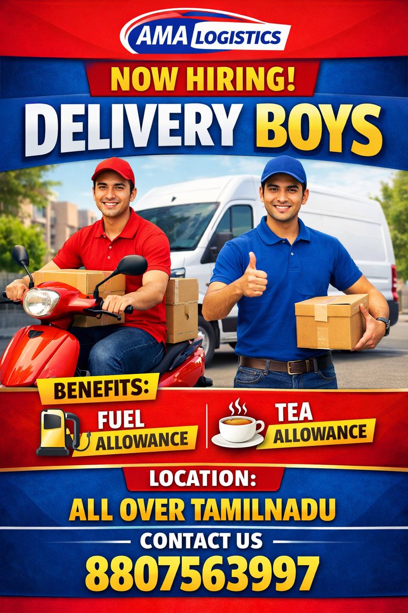 LogisticsA3958's tweet image. Contact us : 8807563997 📞

Grab the opportunity ☺️

#tamilnadu
#deliveryjob
#hiringalert
#hiring 
#trendingnow 

Thank you for visiting our page ☺️✨
