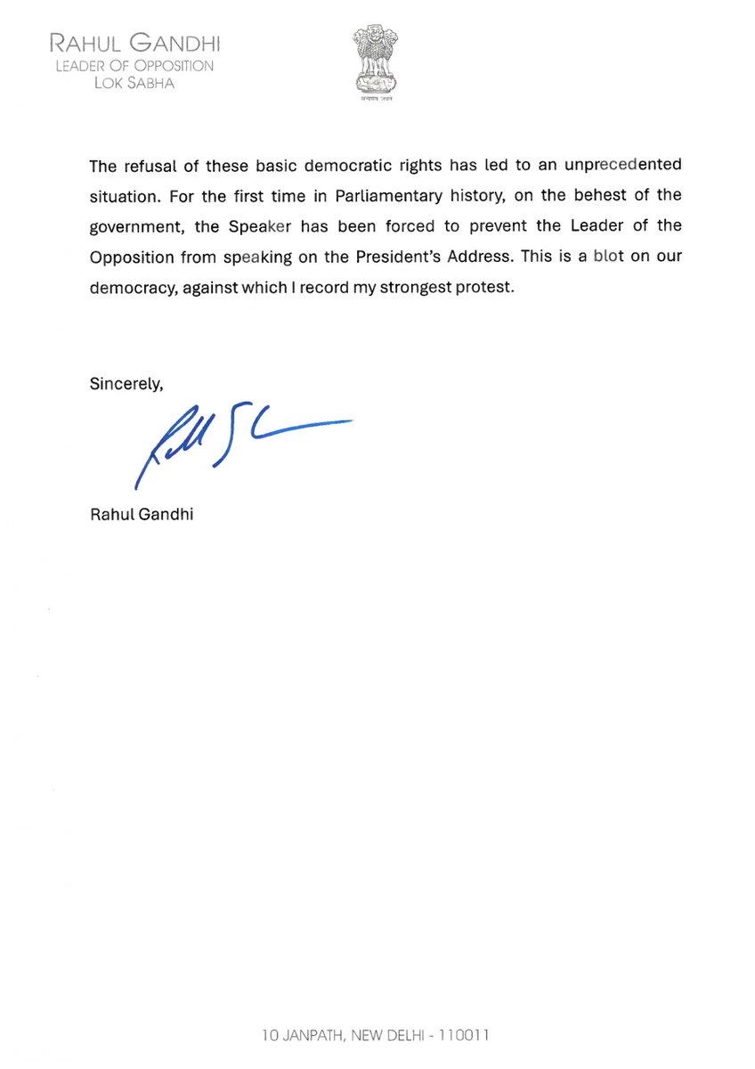 INCIndia's tweet photo. LoP Shri @RahulGandhi writes to the Lok Sabha Speaker Om Birla regarding the denial of the Leader of Opposition's right to raise a crucial matter of national security in Parliament. https://t.co/SzXVX3jc4M