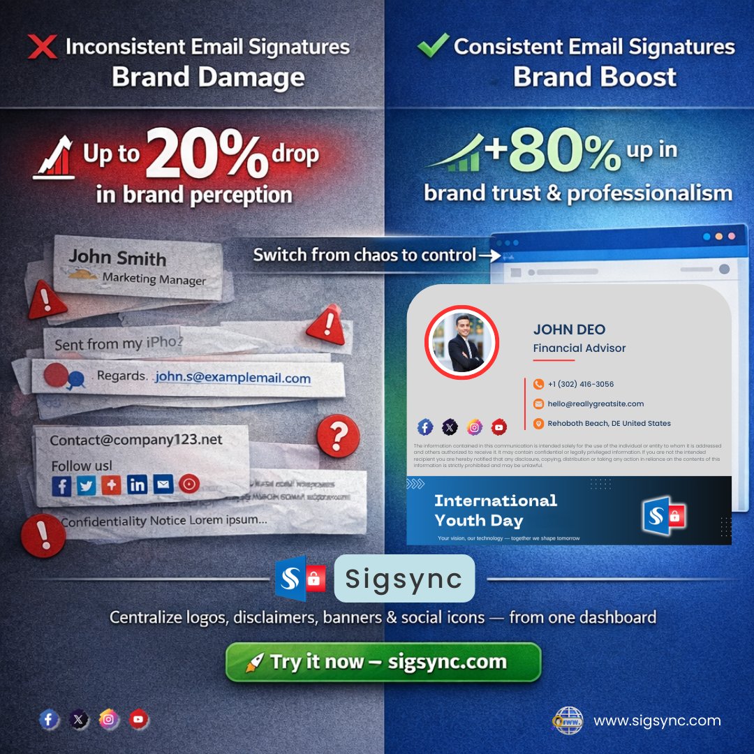 sigsync's tweet photo. Consistent signatures = instant trust ✅ Control logos, banners &amp; disclaimers from one dashboard with Sigsync.📷https://t.co/GeESZDiJVw #EmailSignature #BrandConsistency #ProfessionalBranding #BusinessEmails #Sigsync #DigitalBranding #MarketingTools #office365manager https://t.co/yfi8qUG2HW