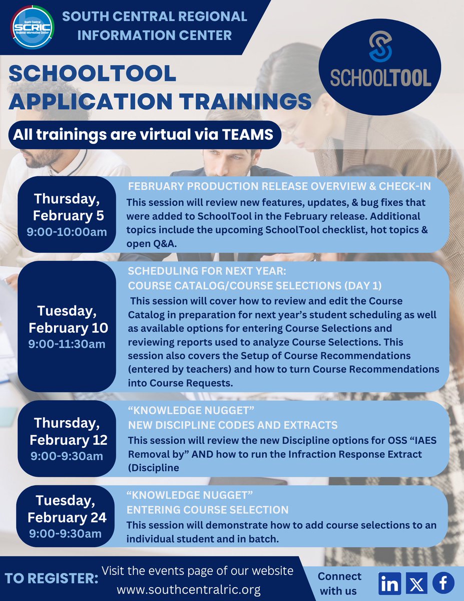 We love supporting our districts by providing regular trainings. Check out our upcoming SchoolTool learning opportunities.#SouthCentralRIC #SchoolSupport #K12 #customerfocused #continuouslearning
For more info or to register, visit: scric.org/page/trainings