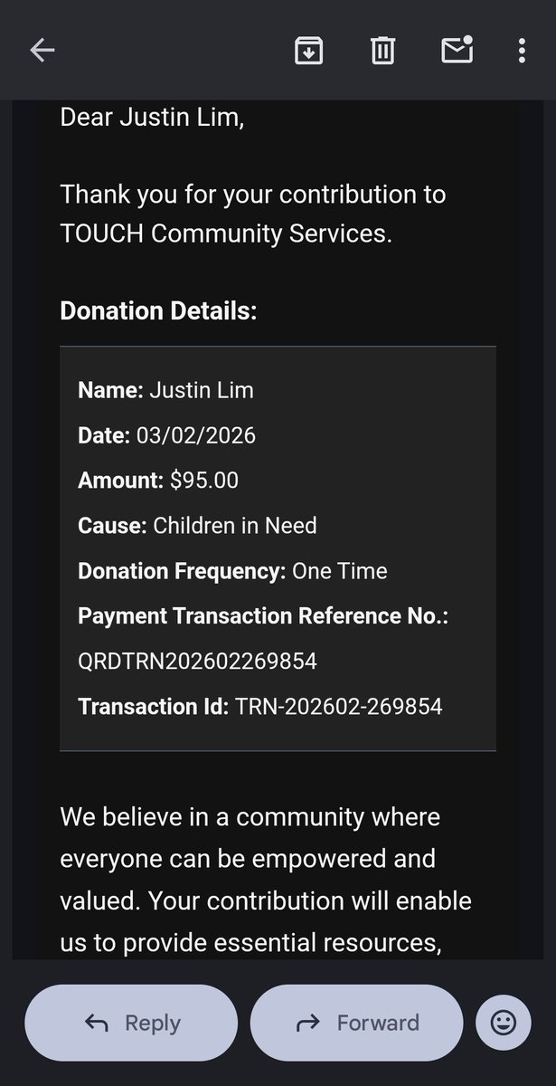 Donated SGD$95 (USD$75) to children in need under TOUCH Community Services. Thanks <a href="/Waterman_crypto/">Crypto Waterman</a>

Not trying to boast, just giving credit when its due. This man has been doing so much for the crypto community. Ive studied all his data/insights and its unmatched. Thank you 🤝
