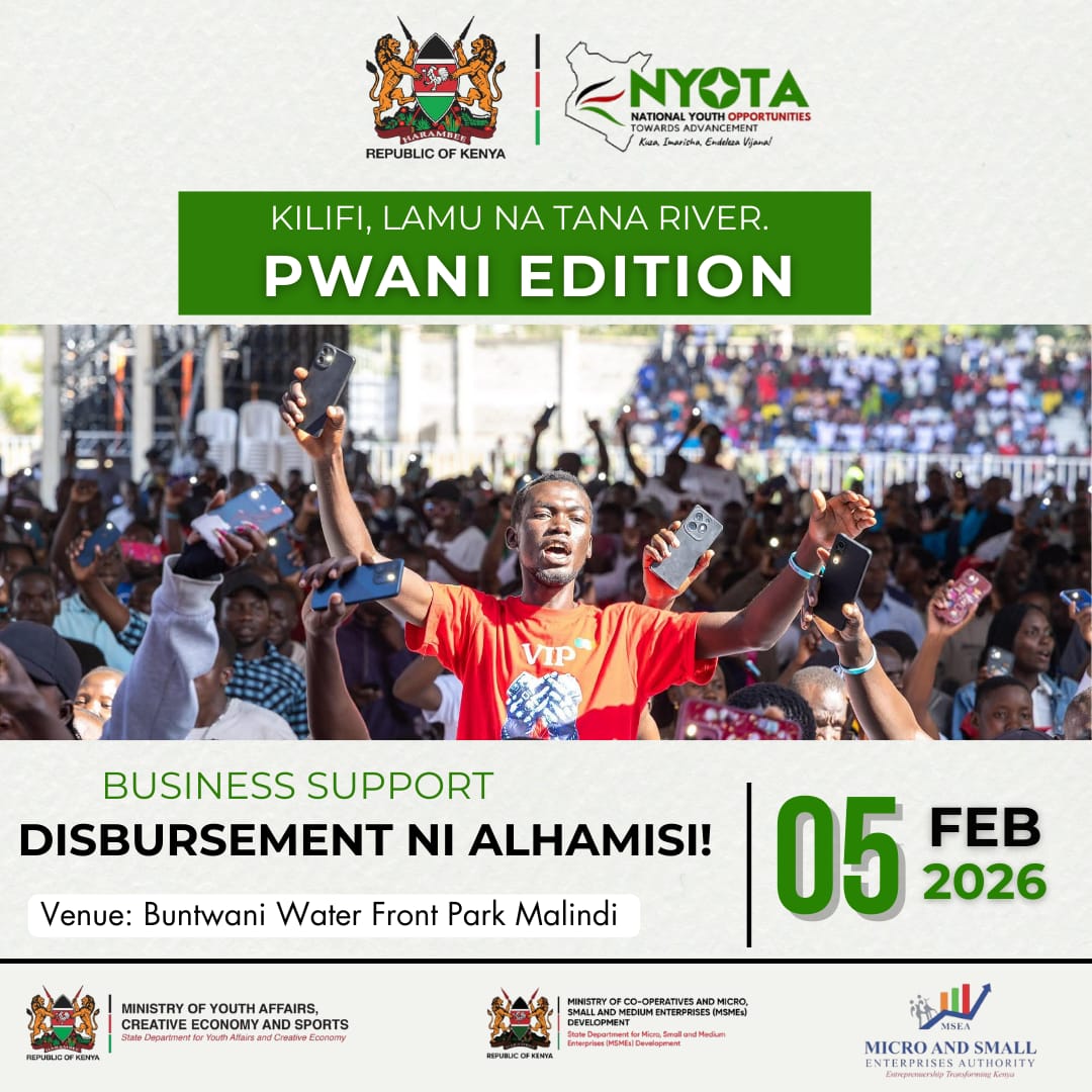NYOTA inasija Pwani! Kilifi,Lamu na Tana River Alhamisi tutakuwa katika Uwanja wa Buntwani, Malindi kuwapatia pesa za kuanzisha na kukuza biashara zenu baada ya mafundisho ya biashara. 

#KuzaImarishaEndelezaVijana