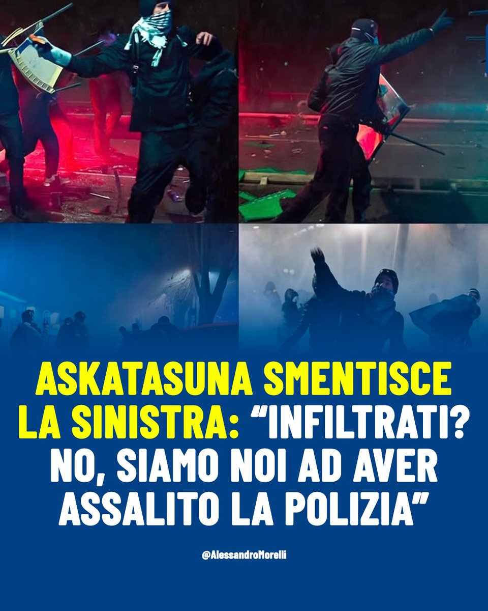 AMorelliMilano's tweet photo. «Infiltrati? No, siamo stati noi ad assaltare la polizia.»
E a dirlo non è uno qualunque, ma Nicola Gastini, uno dei capi del centro sociale Askatasuna.

Persino i centri sociali smentiscono la sinistra e i loro giornali amici, rivendicando la violenza e ridicolizzando chi ancora tenta di giustificare l’ingiustificabile.
È ora di pagare per chi ha devastato Torino, colpendo lo Stato e le Forze dell’Ordine davanti agli occhi di tutti.
E tu che cosa ne pensi?
#torino #askatasuna #sinistra #manifestazione #violenza #sicurezza