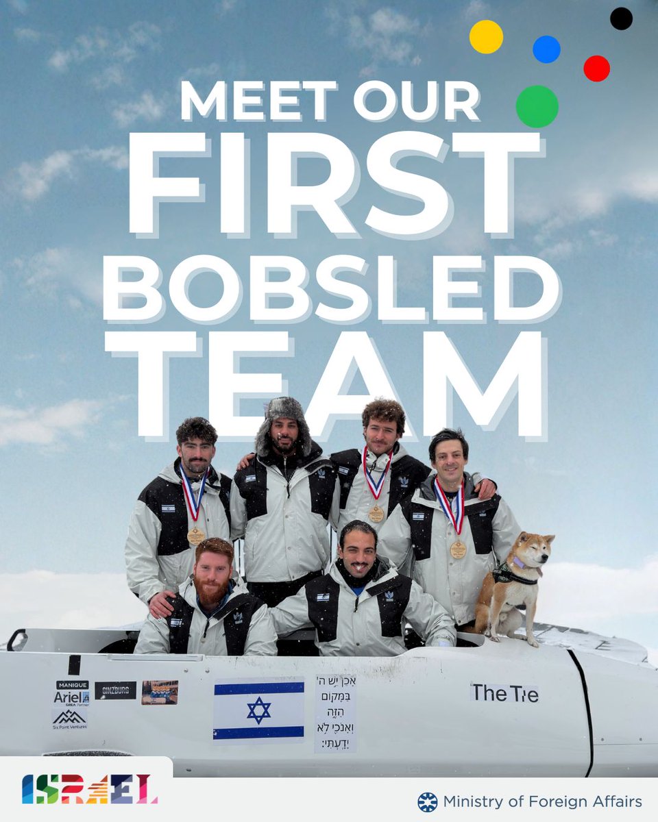 Israel's tweet photo. Meet our Bobsled Team 🛷
Israel has qualified for the first time for Olympic bobsledding!
Proud of this milestone 🇮🇱
And of course we can’t forget Lulu🐶, our team mascot.
See you in Milano Cortina ❄️ https://t.co/kffb308f3o