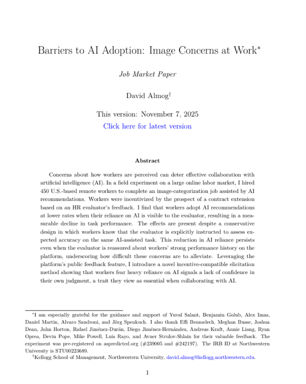 julio_serrano89's tweet photo. This study shows workers slash AI use by 14% when a manager is watching. We fear it signals a "lack of confidence" in our judgment. We are choosing lower performance just to protect our image.

#AI #WorkplaceTrends

PDF: https://t.co/QUw9egEJsH https://t.co/n8M1NjfxMS