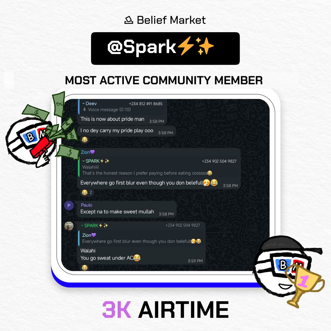 BeliefMarket_'s tweet photo. Congratulations once again @⁨~SPARK⚡️✨⁩ for being the most active member of the community. https://t.co/kzdnk8CbPY