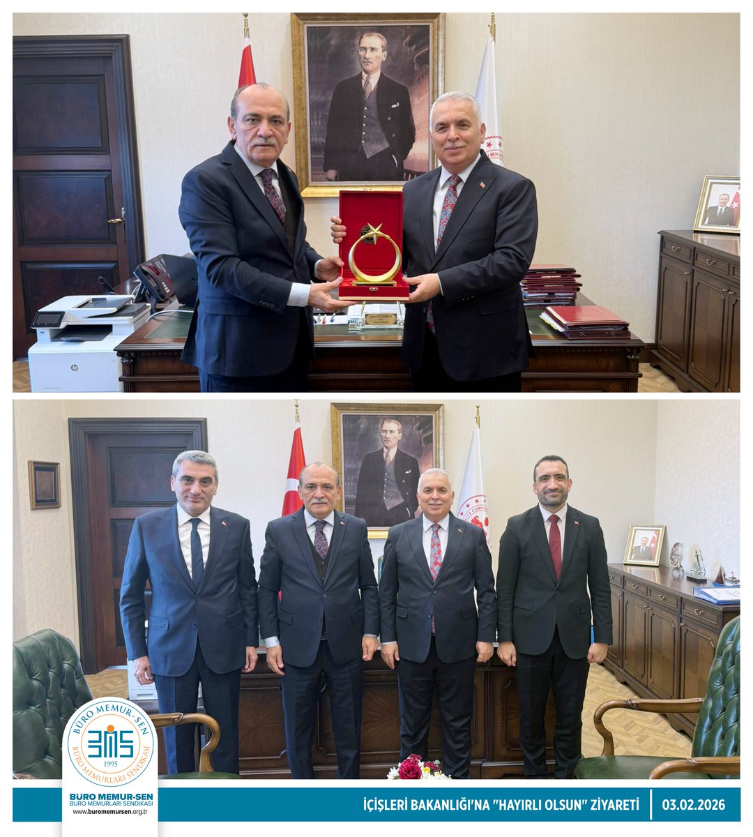 BuroMemurSen_'s tweet photo. İÇİŞLERİ BAKANLIĞI'NA "HAYIRLI OLSUN" ZİYARETİ📍

Genel Başkanımız Yusuf Yazgan, Genel Başkan Yardımcımız Cemal Üstün ve Ankara 4 No'lu Şube Başkanımız Cihan Alkan ile birlikte İçişleri Bakanlığı Personel Genel Müdürü Vali Sayın Aziz Yıldırım'a "hayırlı olsun" ziyaretinde bulundu. 

Genel Başkanımız Yazgan, ziyarette Bakanlık personelinin sorun, talep ve beklentilerini iletti. Yazgan;

📌Bakanlık personelinin uzun süredir beklediği görevde yükselme ve unvan değişikliği sınavının açılması,

📌28 Kasım 2022 tarihinden sonra 657 sayılı Devlet Memurları Kanunu’nun 4/B statüsünde göreve başlayan sözleşmeli personelin, 7433 sayılı Kanun uyarınca üç yıllık hizmet süresini dolduranların kadroya geçiş işlemlerinin herhangi bir gecikmeye mahal verilmeksizin ve personel açısından hak kaybına sebebiyet oluşturmayacak şekilde ivedilikle tamamlanması talebimizi de Personel Genel Müdürü Vali Sayın Yıldırım ile paylaştı.