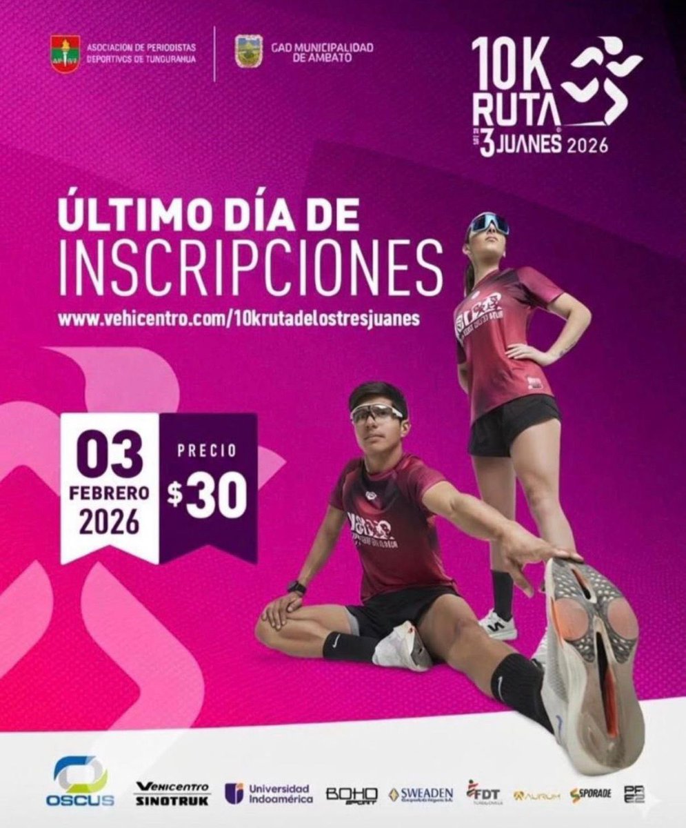 🏃‍♀ Aprovecha este último día para inscripciones 🔜

💻 Inscríbete en la web
vehicentro.com/10krutadelostr…  

o en el punto físico: 📍Cooperativa OSCUS – Matriz (Lalama y Bolívar)

10K Ruta de los Tres Juanes 2026
🔥 Más que una carrera, una tradición🏅